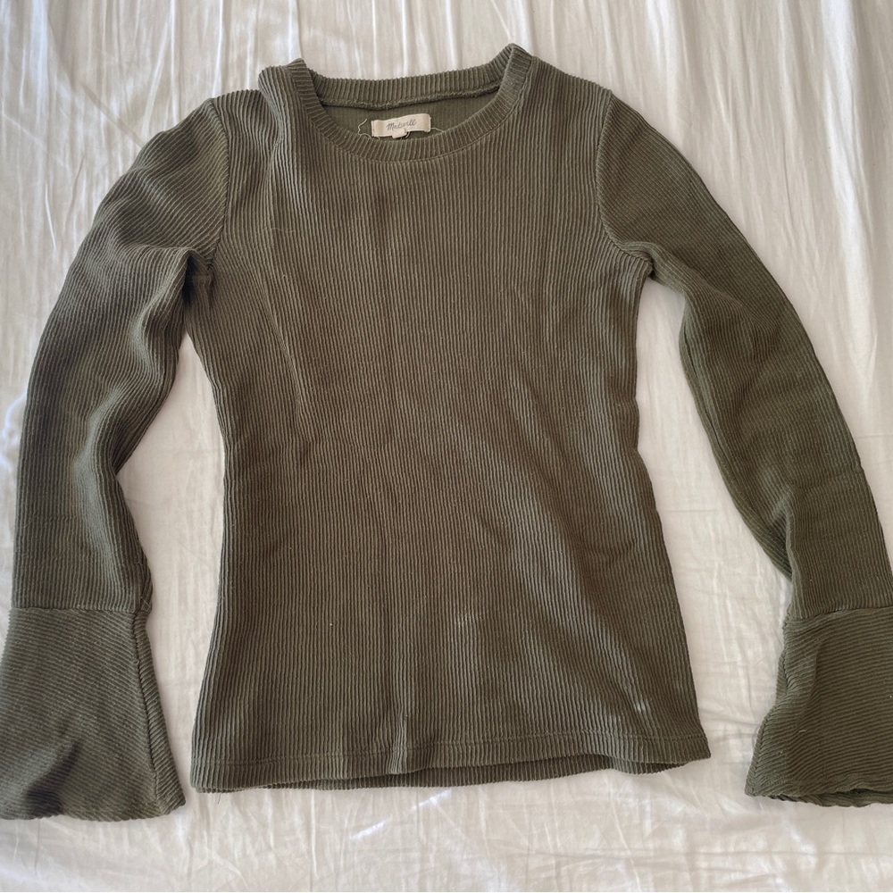 Madewell olive green ribbed bell sleeve long sleeve